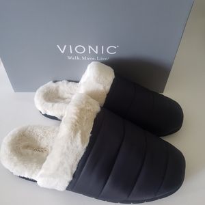 New Vionic Orthotic Slippers Josephine Quilted Faux Shearing Fur Plush Hard Sole